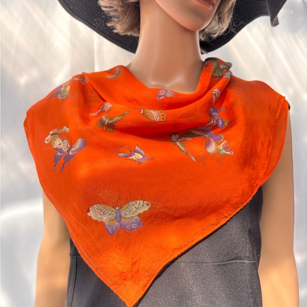 Vibrant Silk Orange Butterfly Scarf